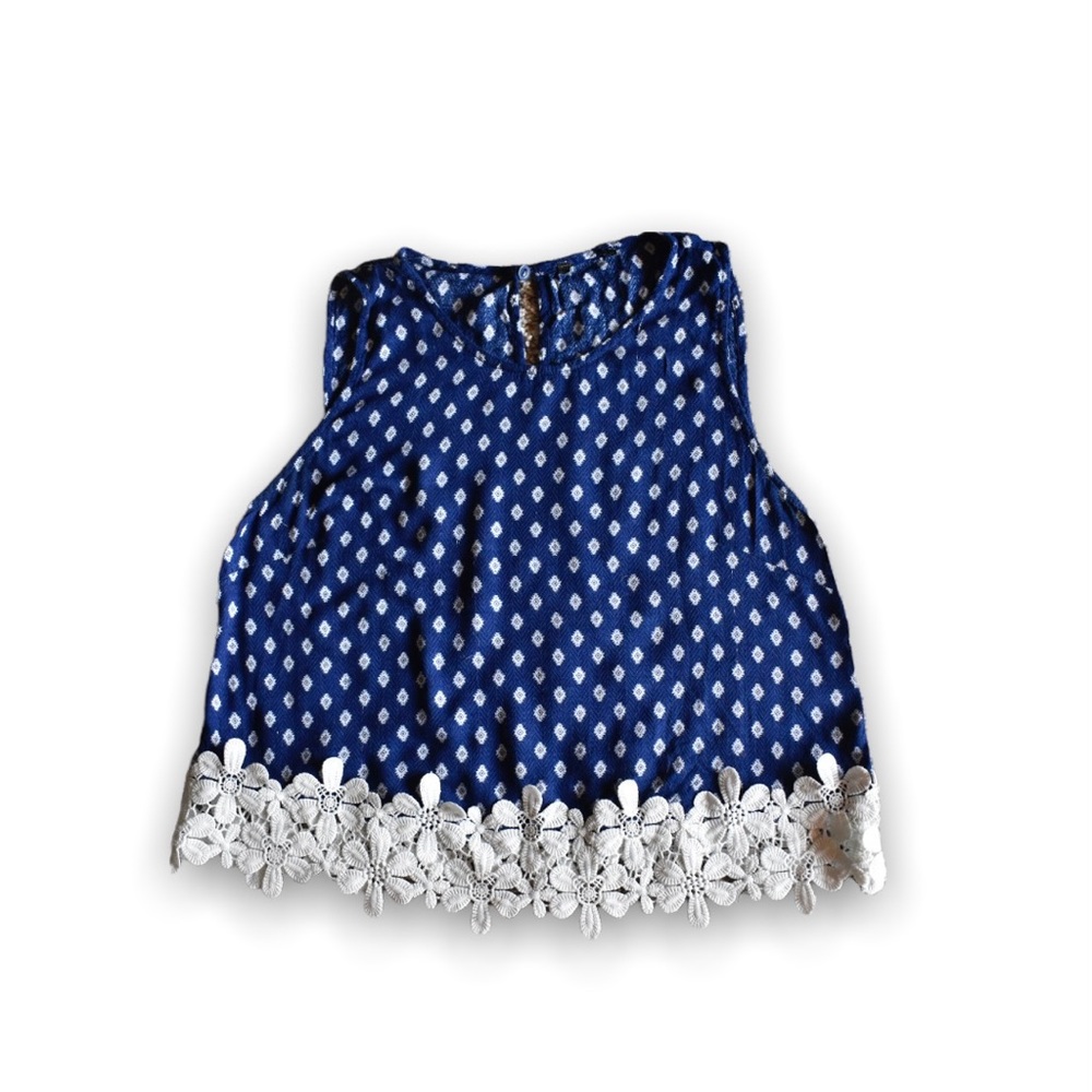 Navy Blue and White Patterned Silky Crop Top, Size XS